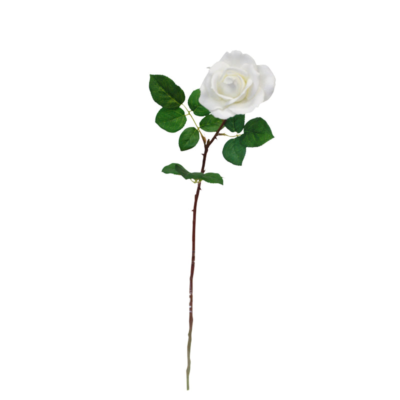 An Artificial Flora Real Touch Tea Rose 65cm White on a stem against a white background.