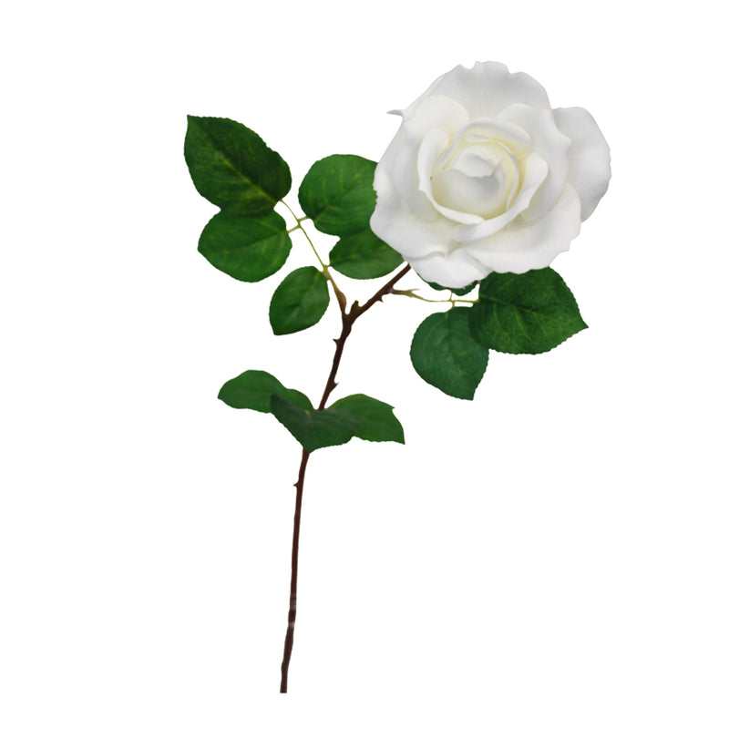 An Artificial Flora Real Touch Tea Rose 65cm White on a stem against a white background.