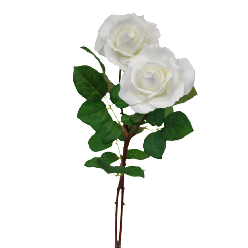 Two Real Touch Tea Roses on a stem against a white background are the Real Touch Tea Rose 65cm White by Artificial Flora.