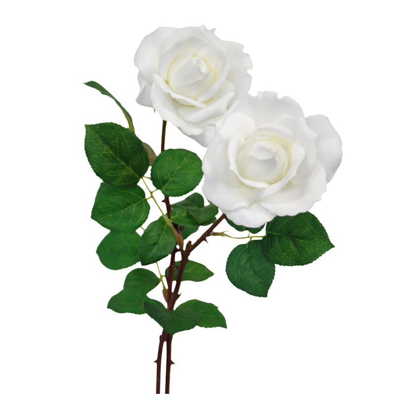 Two Real Touch Tea Roses on a stem against an Artificial Flora white background.