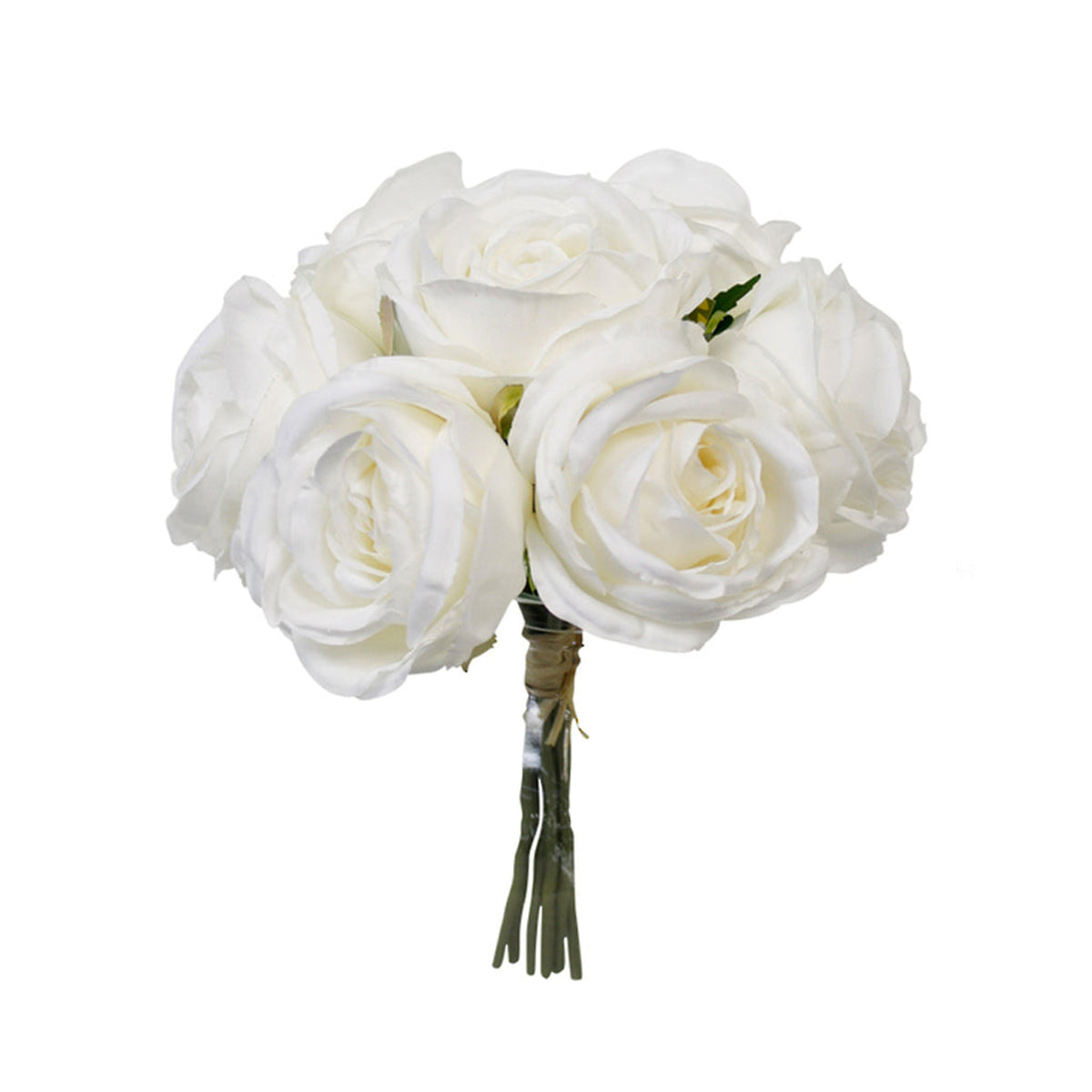 Faux Callista rose bouquet of seven white roses, on white