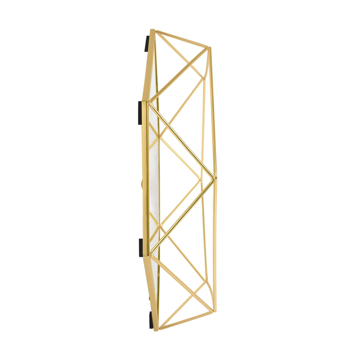 Umbra Prisma brass mirror tray seen from the side, geometric wire frame