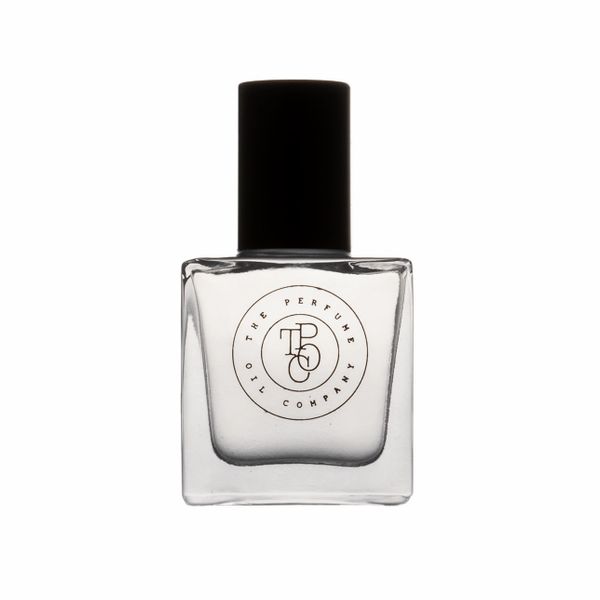Square perfume oil bottle with a lightly tinted oil on white