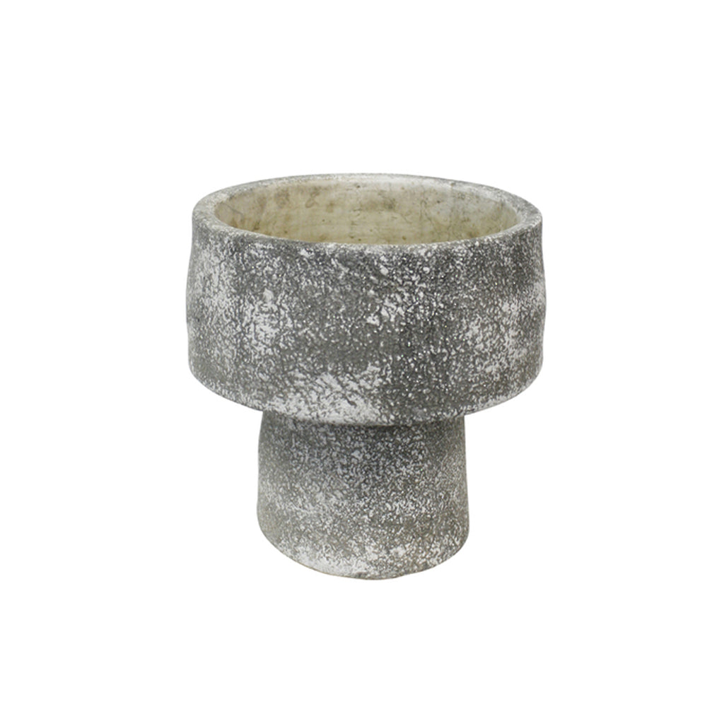 Grey wash cement mushroom planter with a deeper bowl and tapered stem, shown alone on white