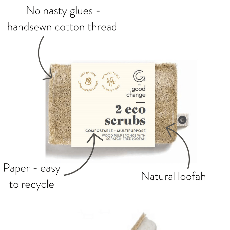 Get the Good Change ECO SCRUBS 2-PACK, made from natural and organic materials. These sustainable products are perfect for those who care about the environment. Made with loofah plants, these Eco Scr