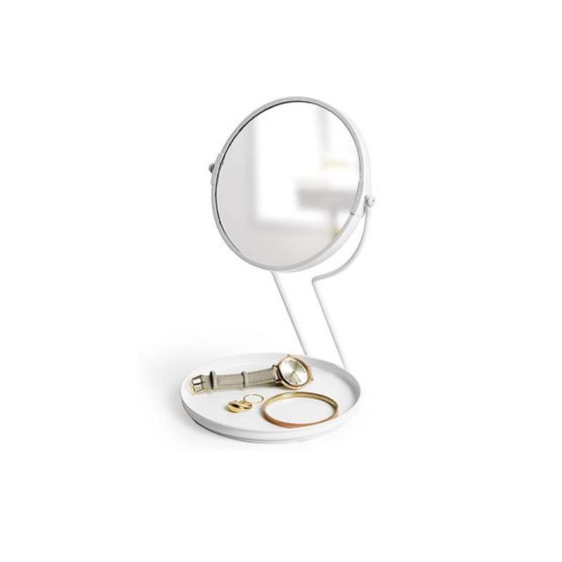 An Umbra See Me - White Mirror vanity mirror with a key holder on top of it.