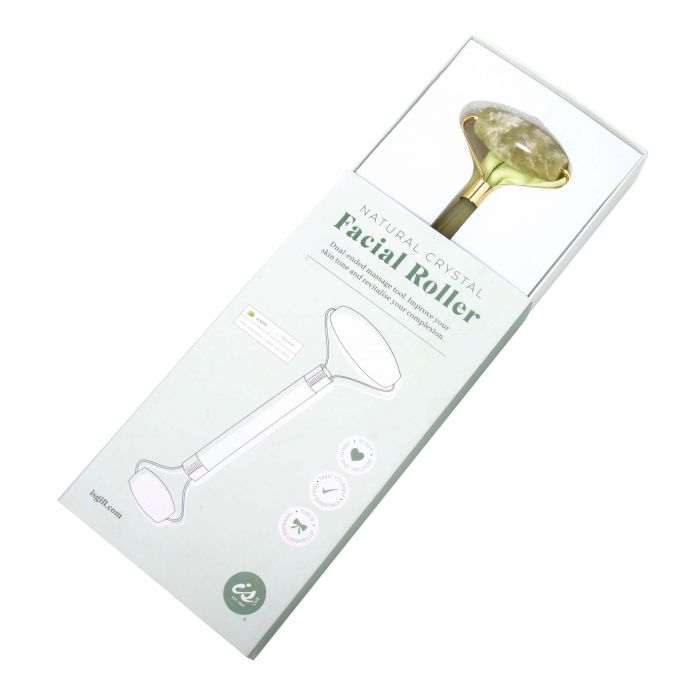 A revitalising package of the Albi Crystal Facial Roller designed to improve circulation and enhance skin tone, all neatly enclosed in a sleek white box.