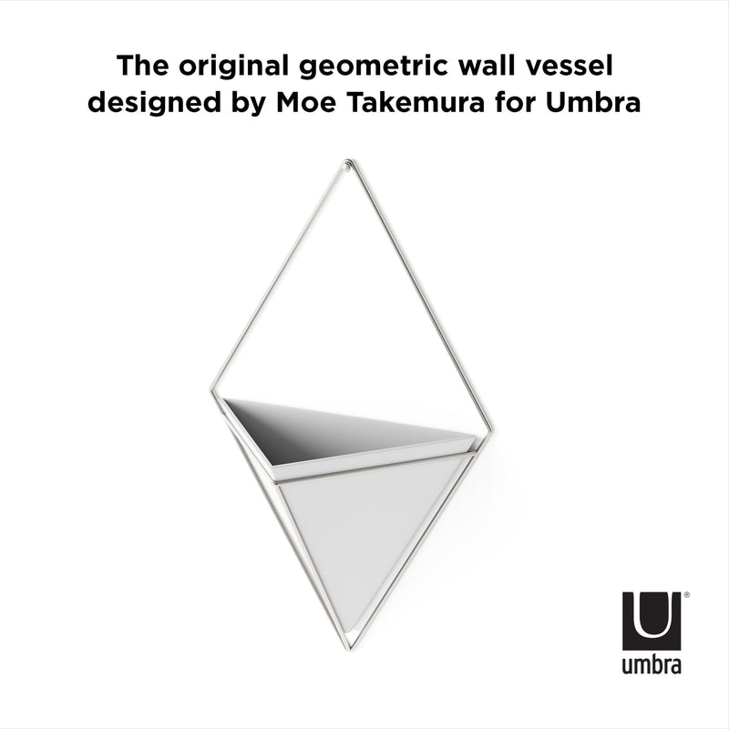 The original Trigg Wall Vessels designed by mookura for Umbra, specifically the Trigg Wall Vessel | Large - White/Nickel, are stylish decorative vessels perfect for displaying indoor plants.