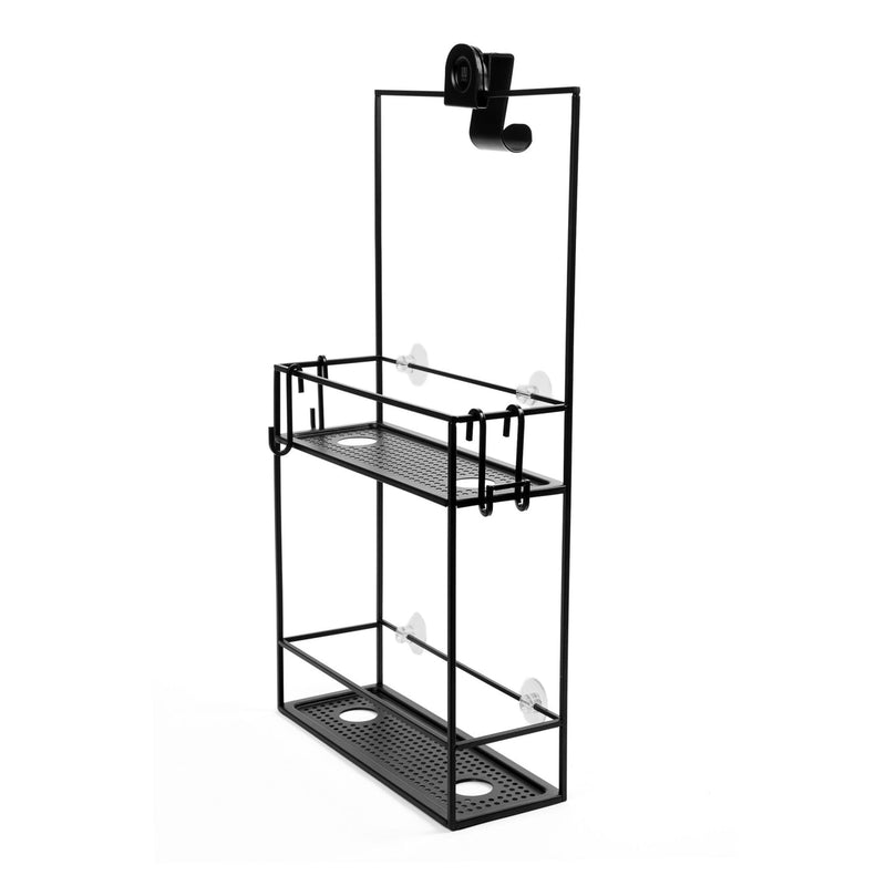 A modern black Cubiko Shower Caddy from the Umbra range with two shelves and a hook.
