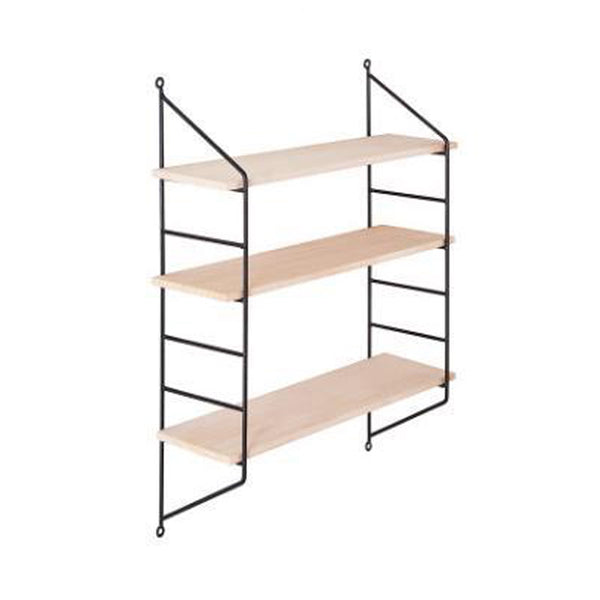 A black Modular Shelving with three shelves on a metal frame from Flux Home.