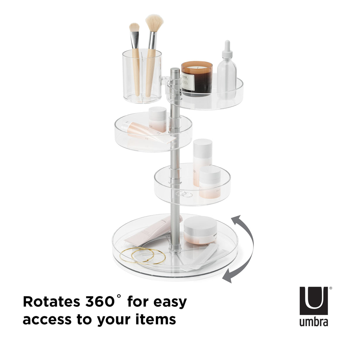 Umbra Pirouette organiser holding makeup and brushes, trays rotate 360 degrees
