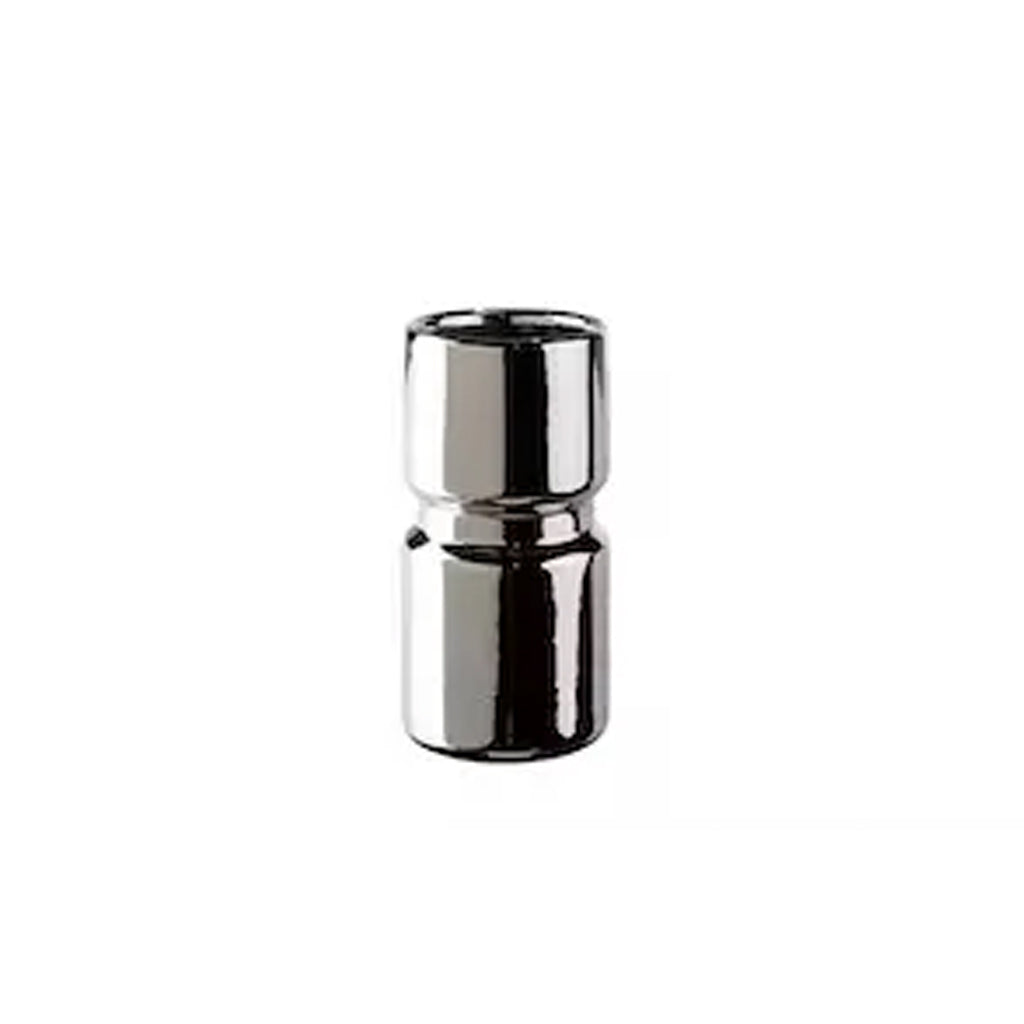 Small silver cylinder vase in polished ceramic, a stepped two part form on white