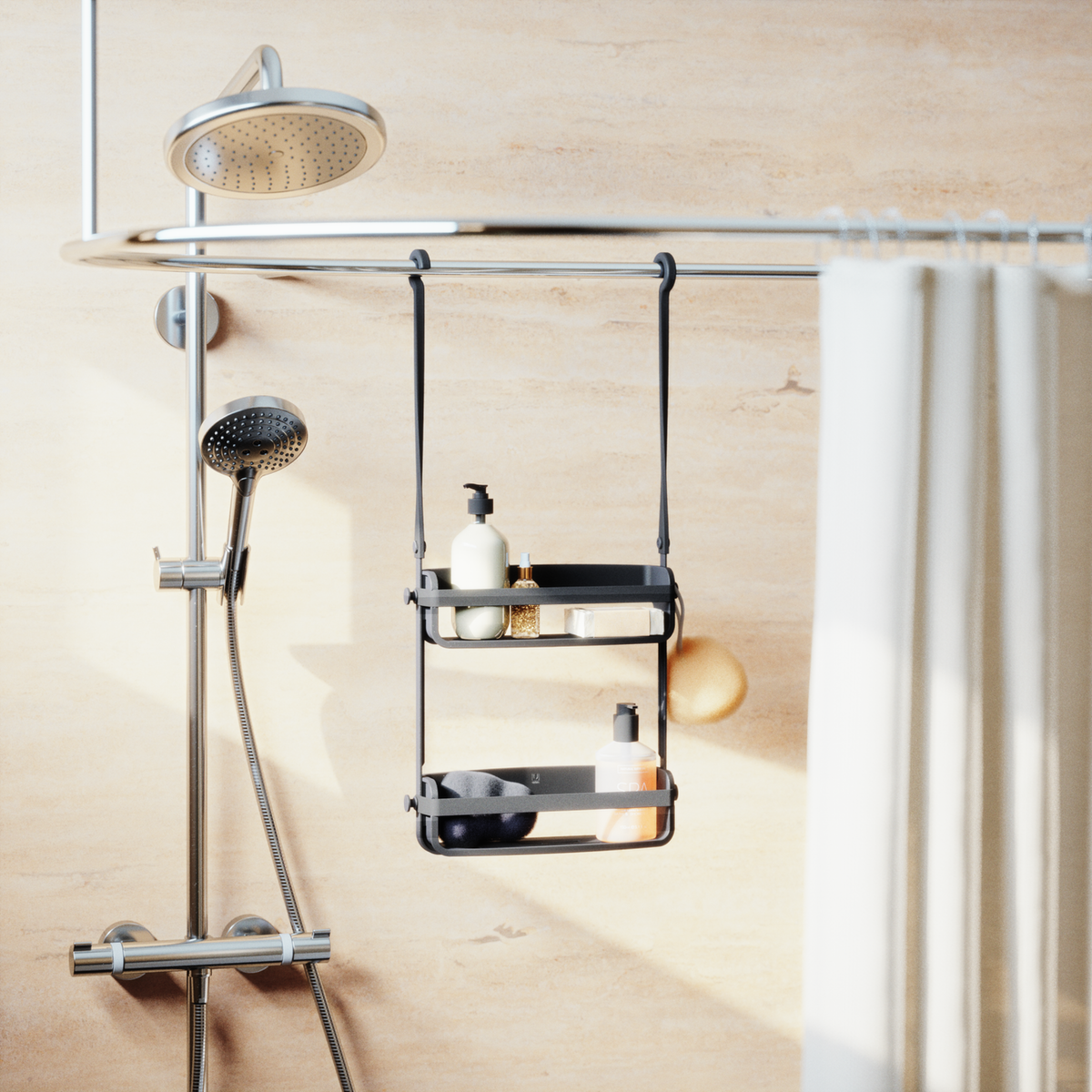 Black Flex shower caddy hung from a shower rail beside a curtain