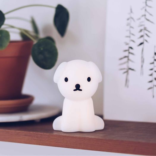 Snuffy dog lamp on a timber shelf beside a plant