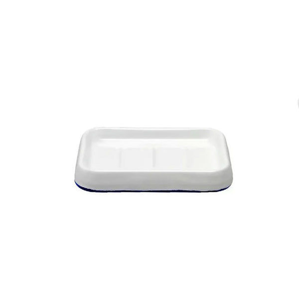 A white Falcon soap dish with blue trim, perfect for holding soap or shaving brushes, set against a clean white background.