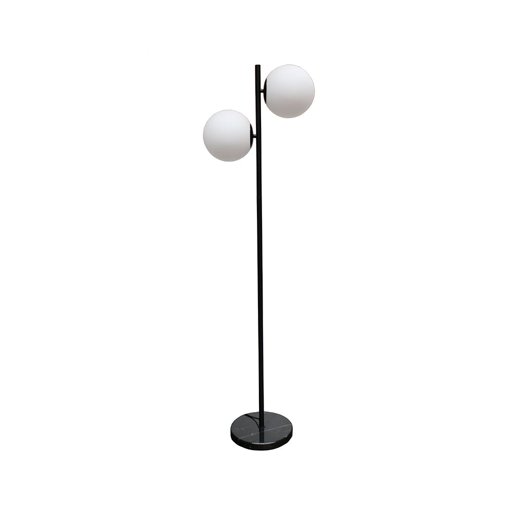 Sonata floor lamp with two opal glass globe shades on a slim black stem and round weighted base