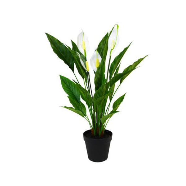 An Artificial Flora Potted Spathiphyllum in a black pot on a white background, demonstrating floral styling.