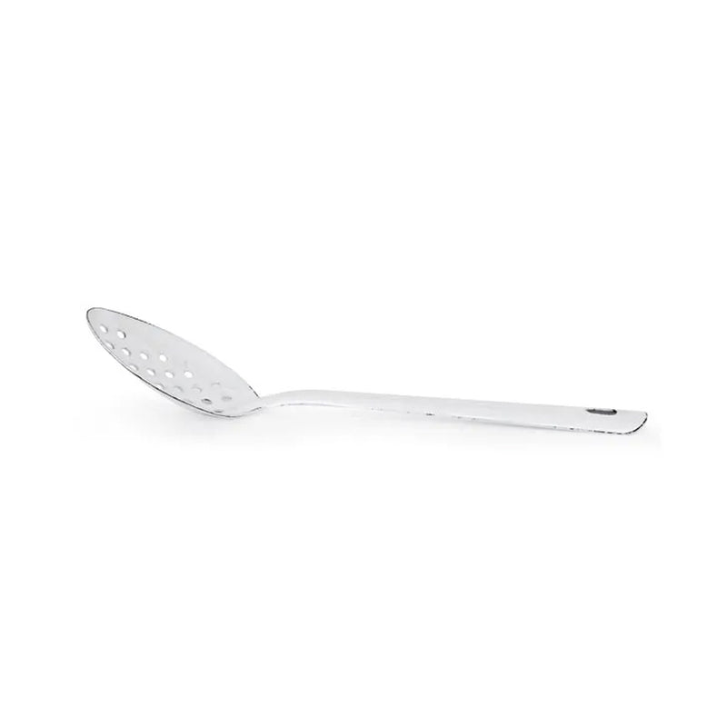 A durable Dishy enamel perforated spoon 30cm white on a white surface.