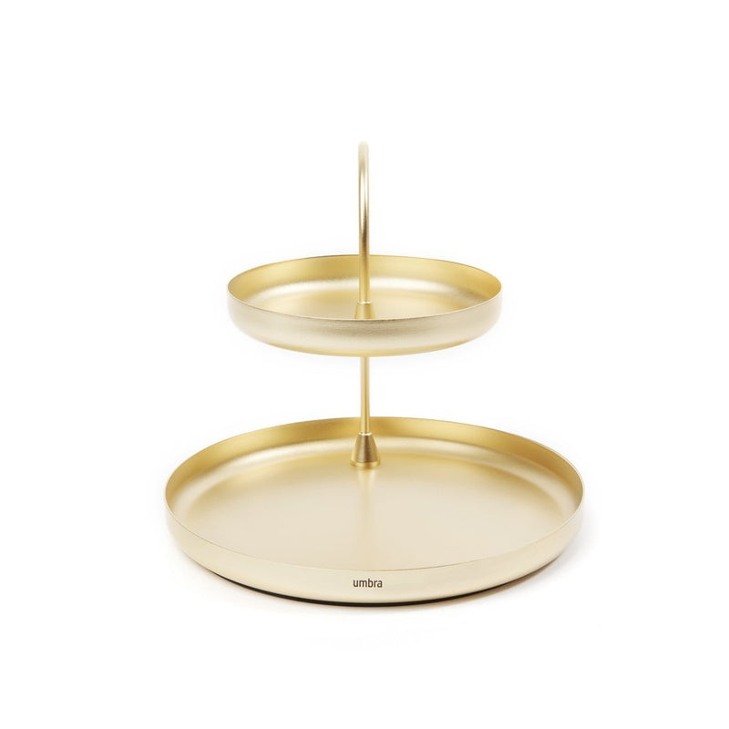 A Poise Two Tier Ring Dish Brass from the Umbra range, perfect as an accessory organizer or jewelry holder.