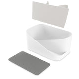 A white plastic Umbra GLAM HAIR TOOL ORGANIZER with a gray lid for hair products or tools.
