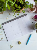 An Sunday Sessions - Planning My Week organization planner by Write To Me with plants on a white table.