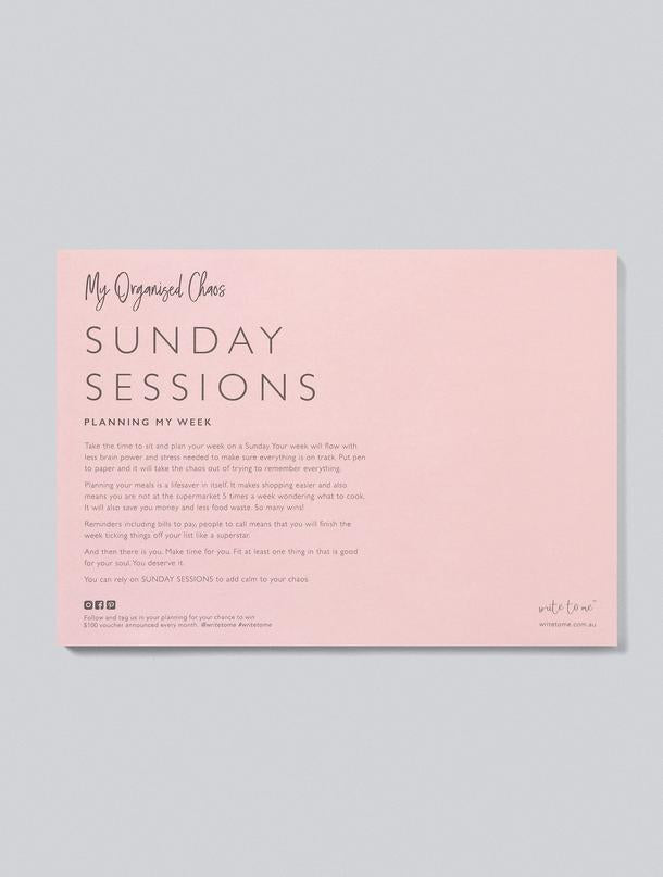 An organized pink card with the words 'Sunday Sessions - Planning My Week' on it, aiding in productivity and planning. (Brand: Write To Me)