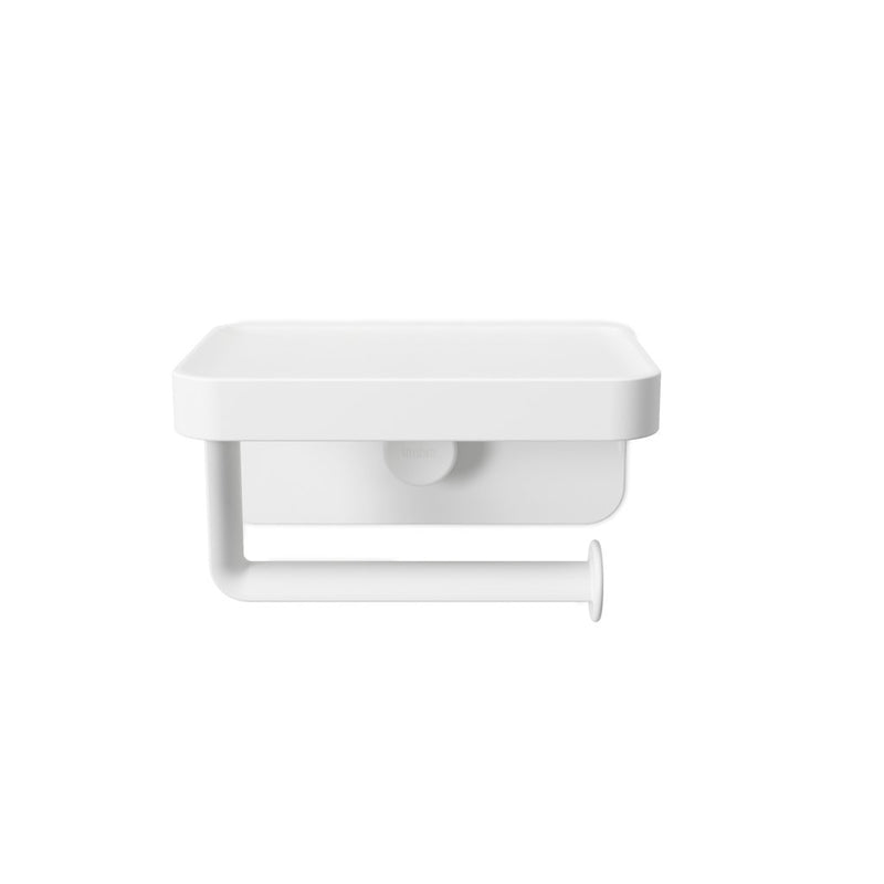 An Umbra FLEX SURELOCK toilet paper holder on a white surface for bathroom storage.