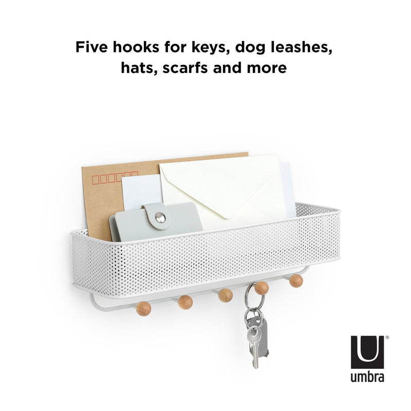 Umbra's ESTIQUE KEY HOOK & ORGANIZER - White / Black is a wall-mounted organizer with five hooks for entryway essentials such as keys, dog leashes, hats, scarves and more.