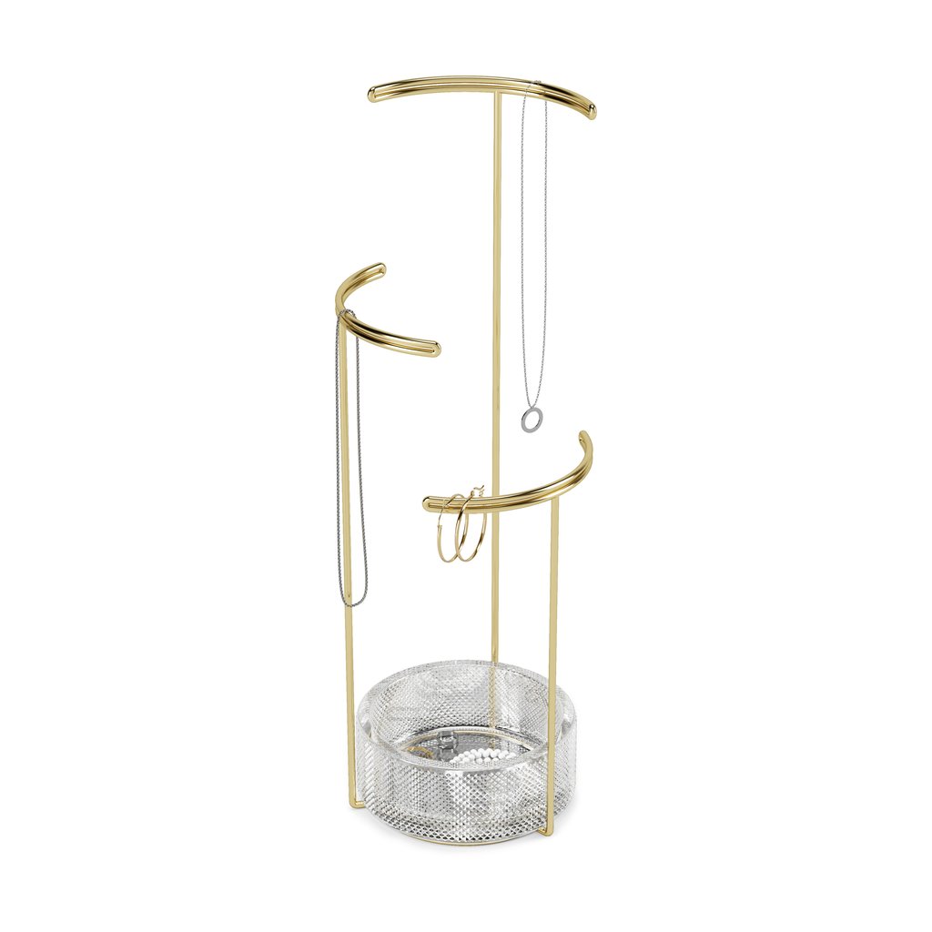 Tesora stand holding a long necklace and hoop earrings on its brass posts