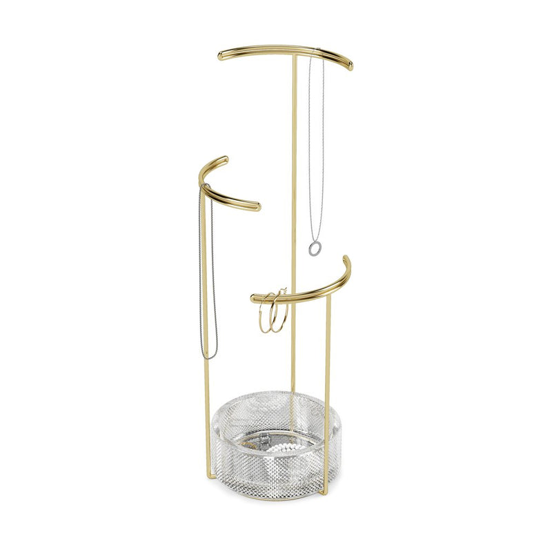 An industrial-inspired gold jewelry storage device with a glass top, like the Umbra Tesora Jewellery Stand - Glass / Brass.