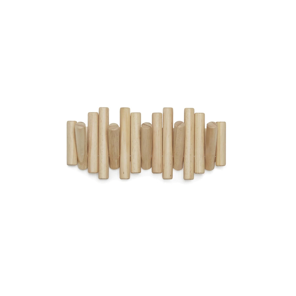Natural pine Umbra Picket Rail with most of its five hooks folded flat, on white