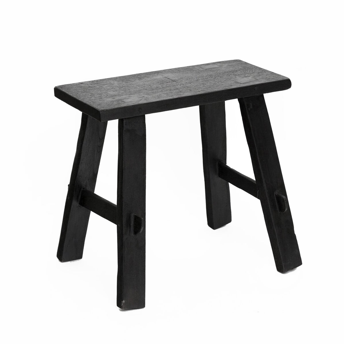 Black rustic timber bench with a rectangular seat and splayed legs braced by stretchers, on white
