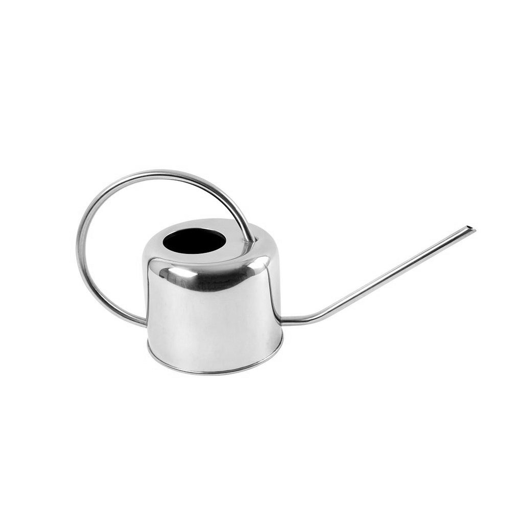 One litre watering can in polished stainless steel with a long slim spout and looped carry handle