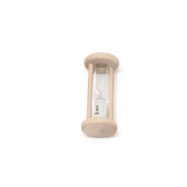 A Dishy beech wooden hourglass, used as a KITCHEN TIMER(5 MINS)10CM, on a white background.