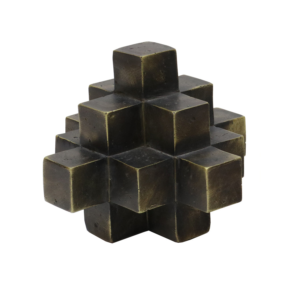 Cubism sculpture in an antique bronze finish on a plain background