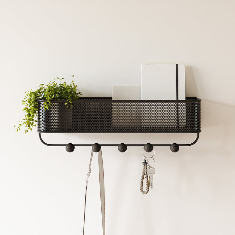 A minimalist Umbra ESTIQUE KEY HOOK & ORGANIZER - White / Black wall-mounted organizer featuring a plant and keys.