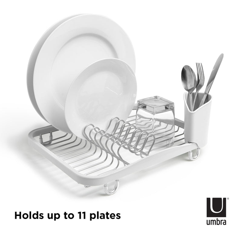 An Umbra Sinkin Dish Rack White that can efficiently air-dry up to 11 plates.