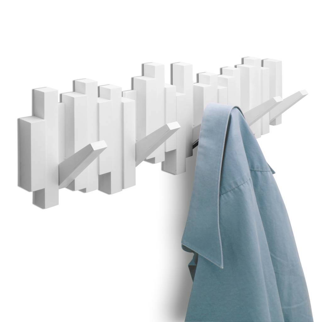 Umbra Sticks white multi hook wall rack holding coats and bags