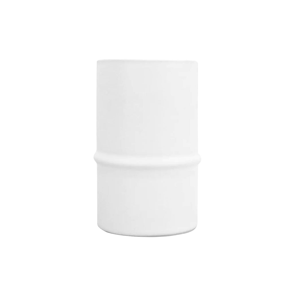White ceramic bamboo vase in the short wide size, with a raised bamboo ridge, on a plain background