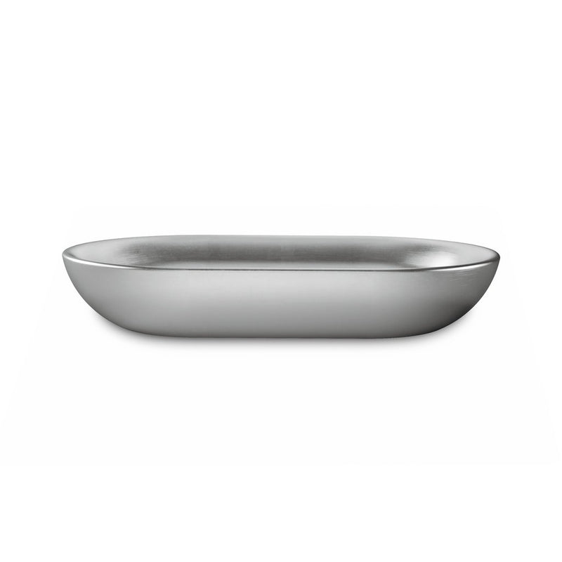 A Junip Oval Soap Dish - Stainless Steel from the Umbra Collection, placed on a white background.