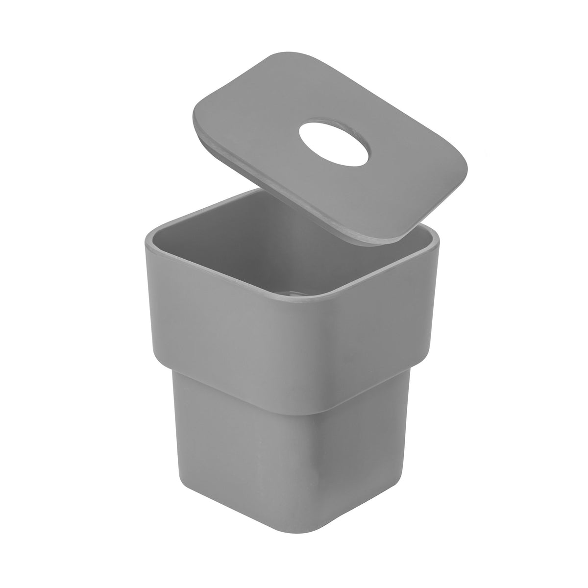 SCILLAE canister in charcoal with its lid lifted, on white