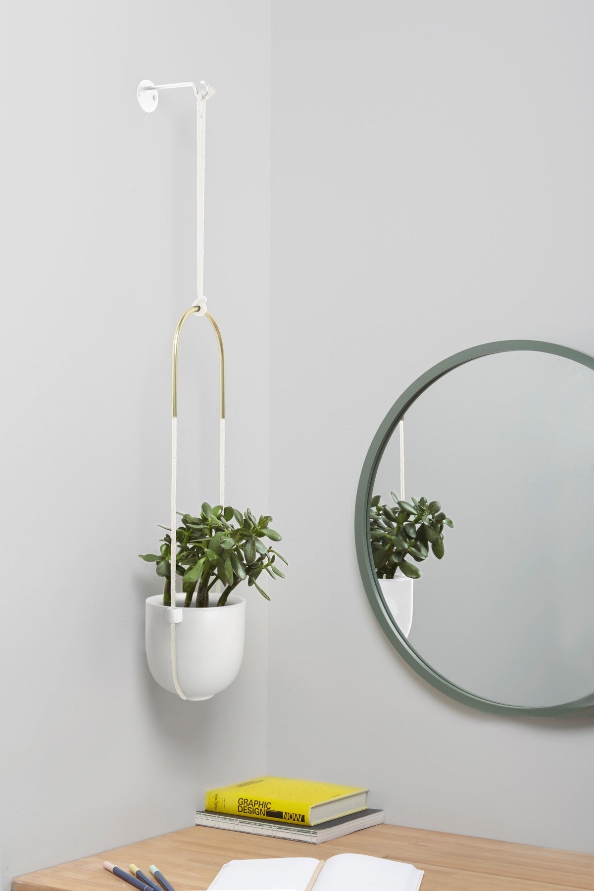 A desk with an Umbra Bolo Planter - Black hanging plant.