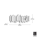 A diagram illustrating the dimensions of an Umbra Sticks Multi Hook - White for home organization.