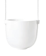 A BOLO PLANTER - White bowl hanging as wall decor from a rope on a white background. (Brand: Umbra)