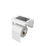A bathroom accessory combining a Umbra FLEX SURELOCK TOILET PAPER HOLDER and a shelf for your cell phone.