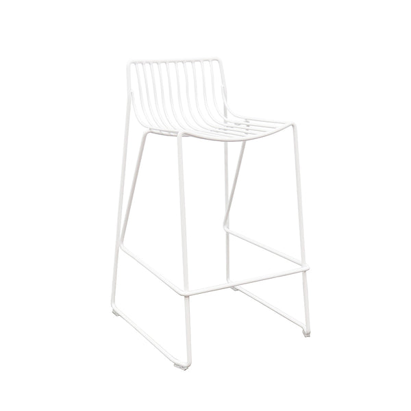 White wire counter stool with curved steel seat and minimalist frame
