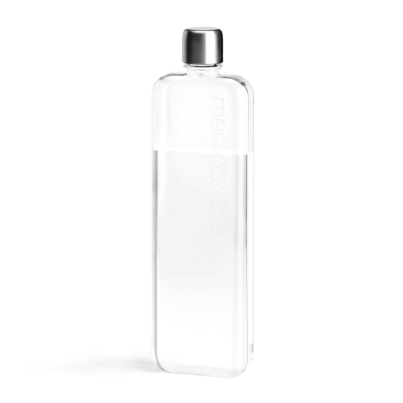 A MemoBottle Slim memobottle, a reusable water bottle, on a white background.