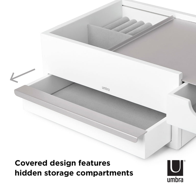 STOWIT JEWELRY BOX WHT/NKL, a white drawer with hidden storage compartments made by Umbra.