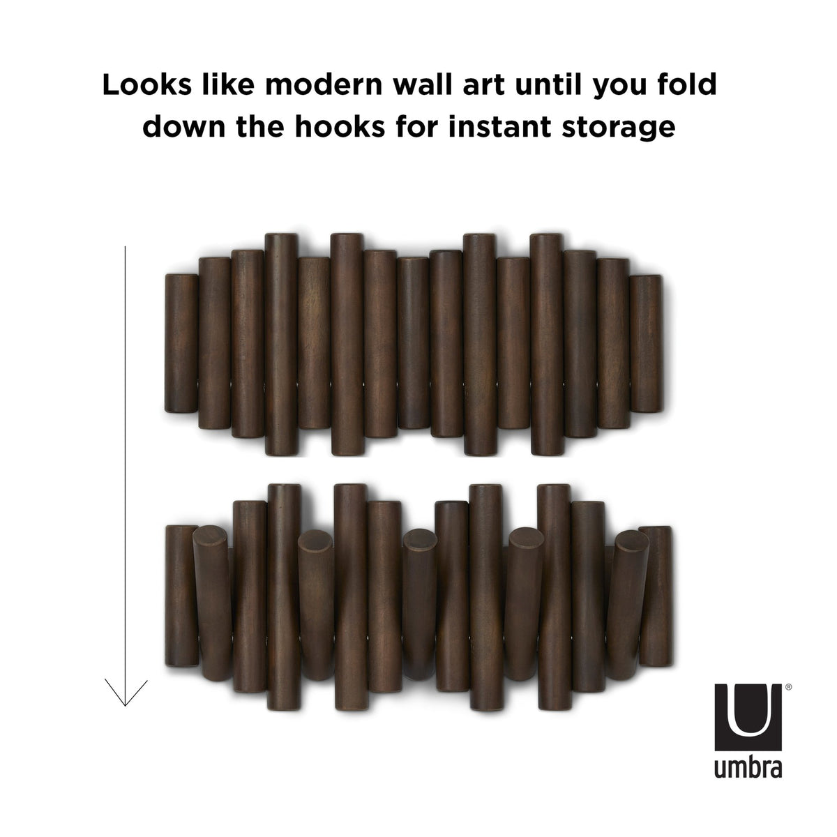 Umbra Picket rail wall hook in walnut shown folded flat, then with hooks down
