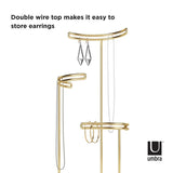 The Umbra Tesora Jewellery Stand - Glass / Brass, with its industrial-inspired design and double wire top, is the perfect jewelry storage device for easily storing earrings.